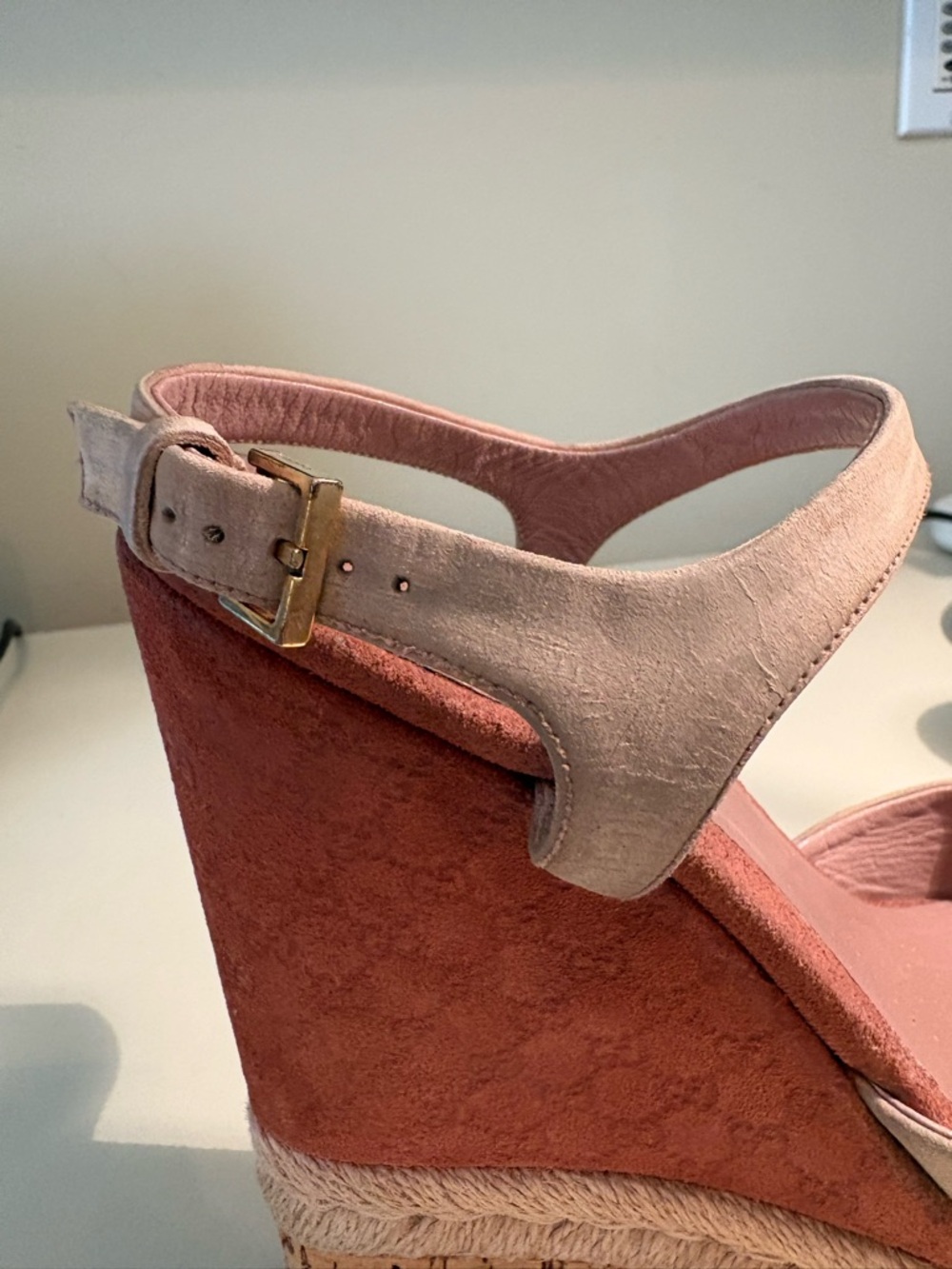 Gucci Dusty Pink Suede GG Wedge Espadrille Sandals 37.5 - Picture 6 of 12